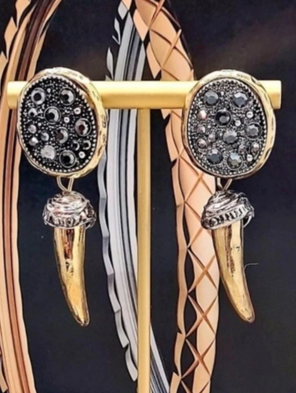 NWT Two-toned Natural Marcassite Encrusted Dangling Gold Spike Drop Earrings